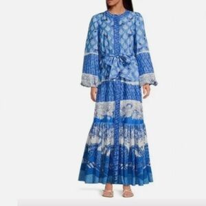 A Loves A Blue Hummingbird Border Print Balloon Sleeve Maxi Dress